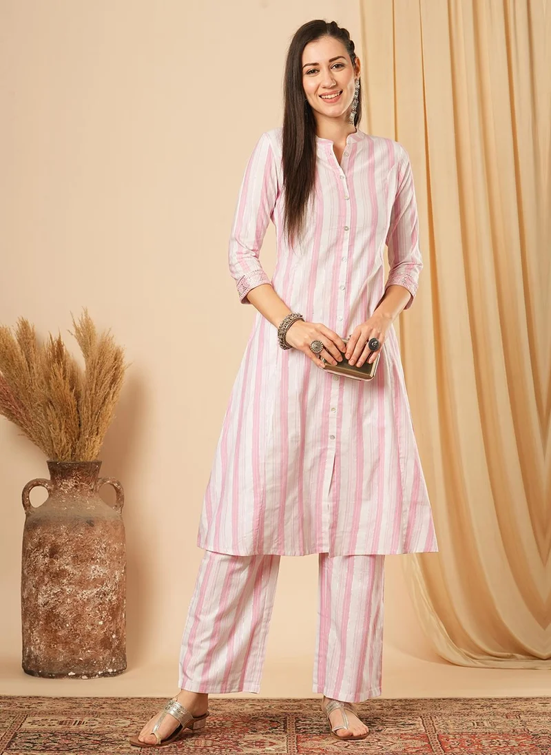 globus Globus Women Striped Regular Pure Cotton Kurta With Trousers